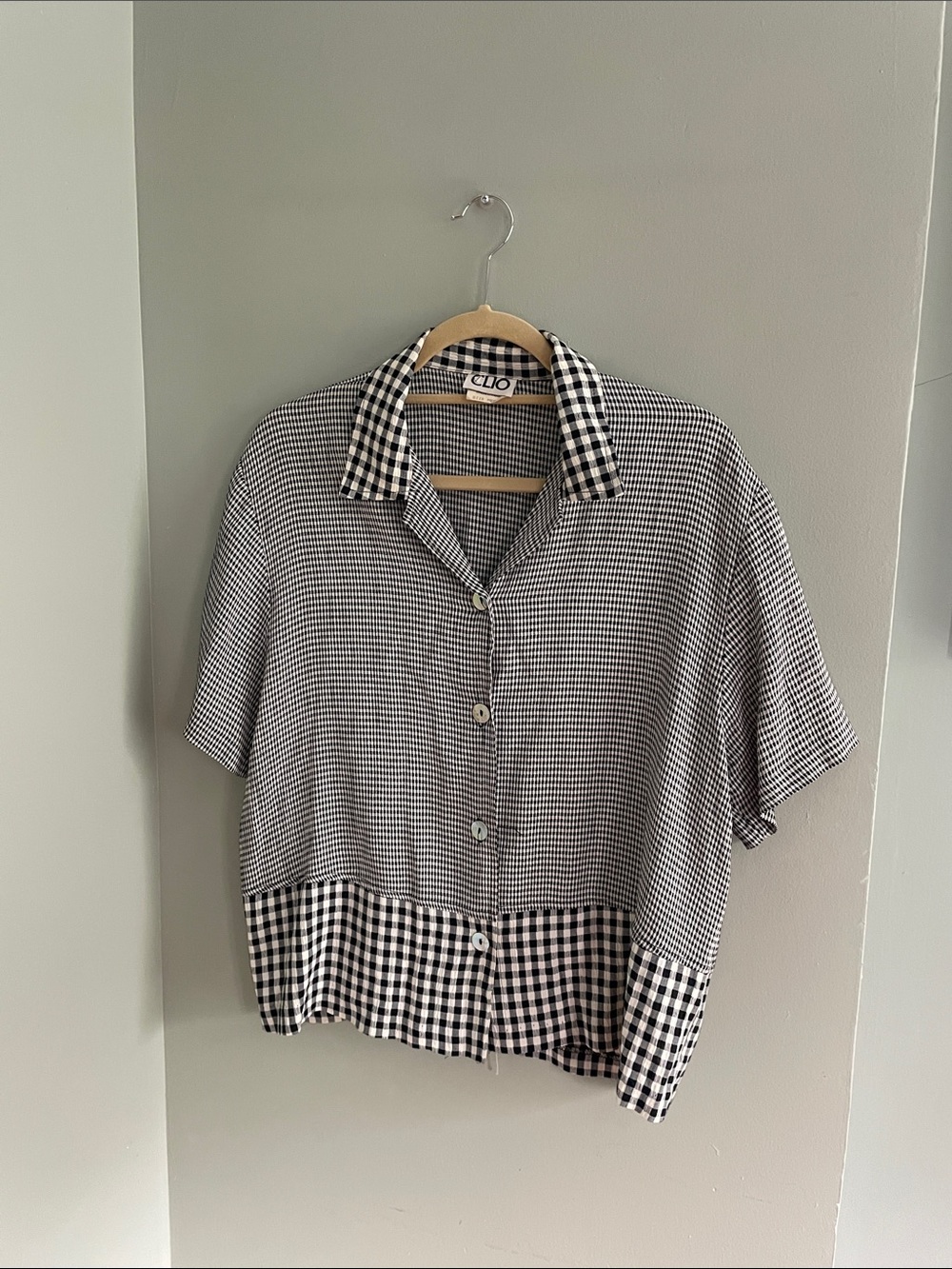Clio Black & White Gingham Patchwork Button-Front Top